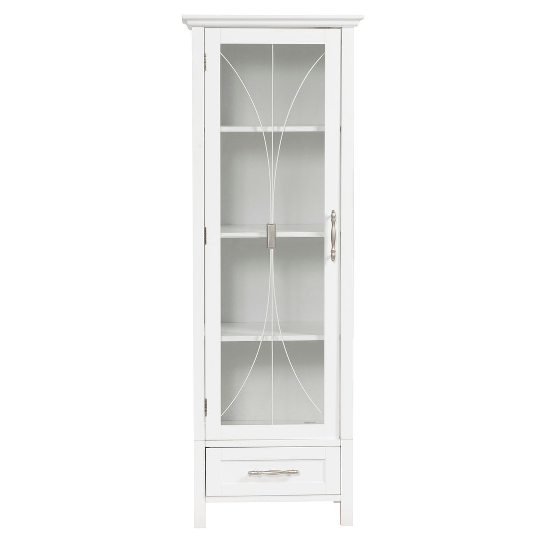 White Teamson Home Delaney Free Standing Tall Linen Cabinet Tower with Glass Panel Door with a Storage Drawer