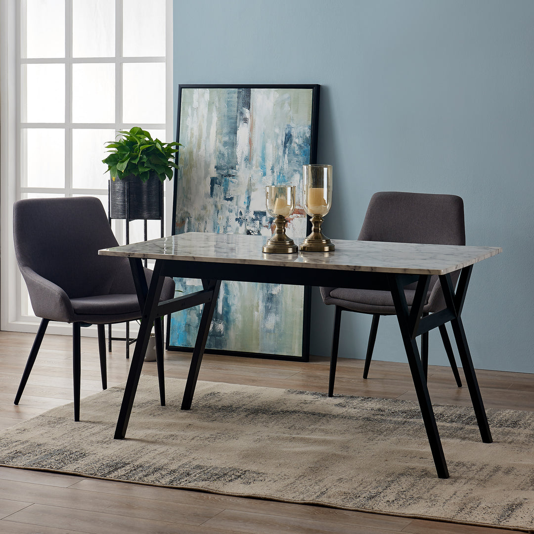 Teamson Home Ashton Dining Table with Black Wood Base and Faux Marble Tabletop with a pair of gray mid-century modern chairs