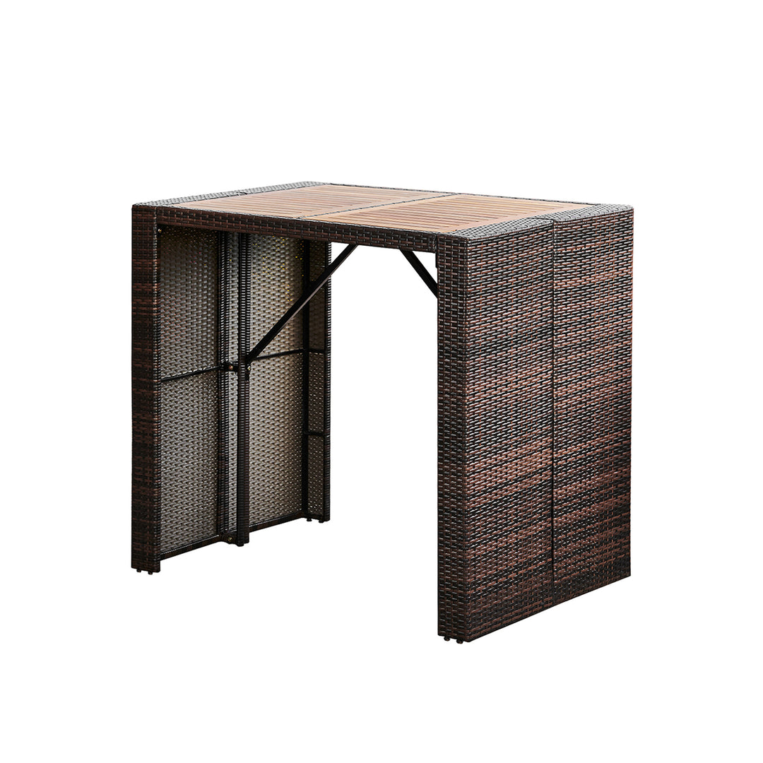 The hightop table with the PE Rattan framework and Acacia Wood tabletop