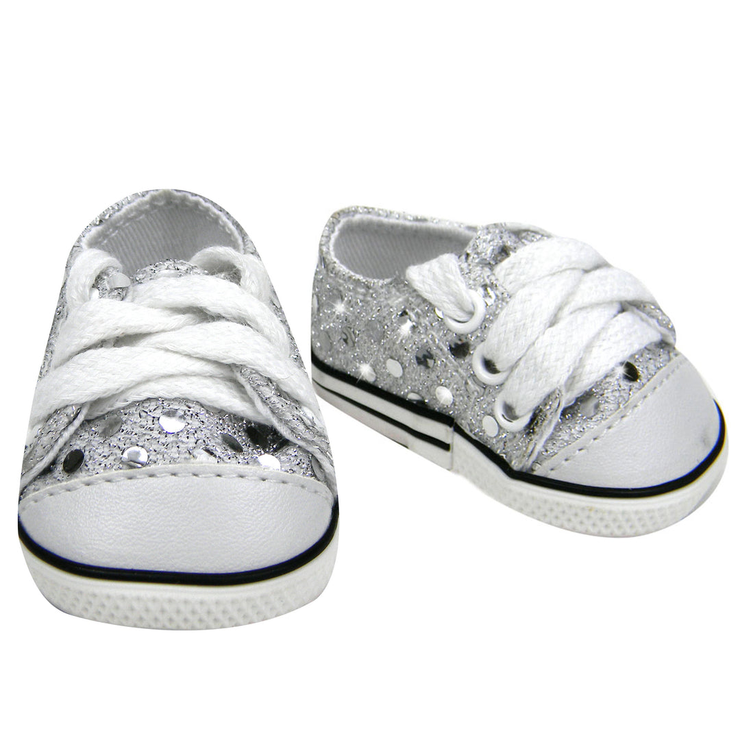 A pair of Sophia’s Silver Sequin Sneaker Shoes with Laces for 18" Dolls.