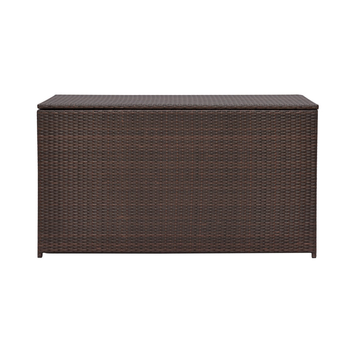 A view of a closed Teamson Home Brown PE Rattan 154-Gallon Outdoor Deck Box