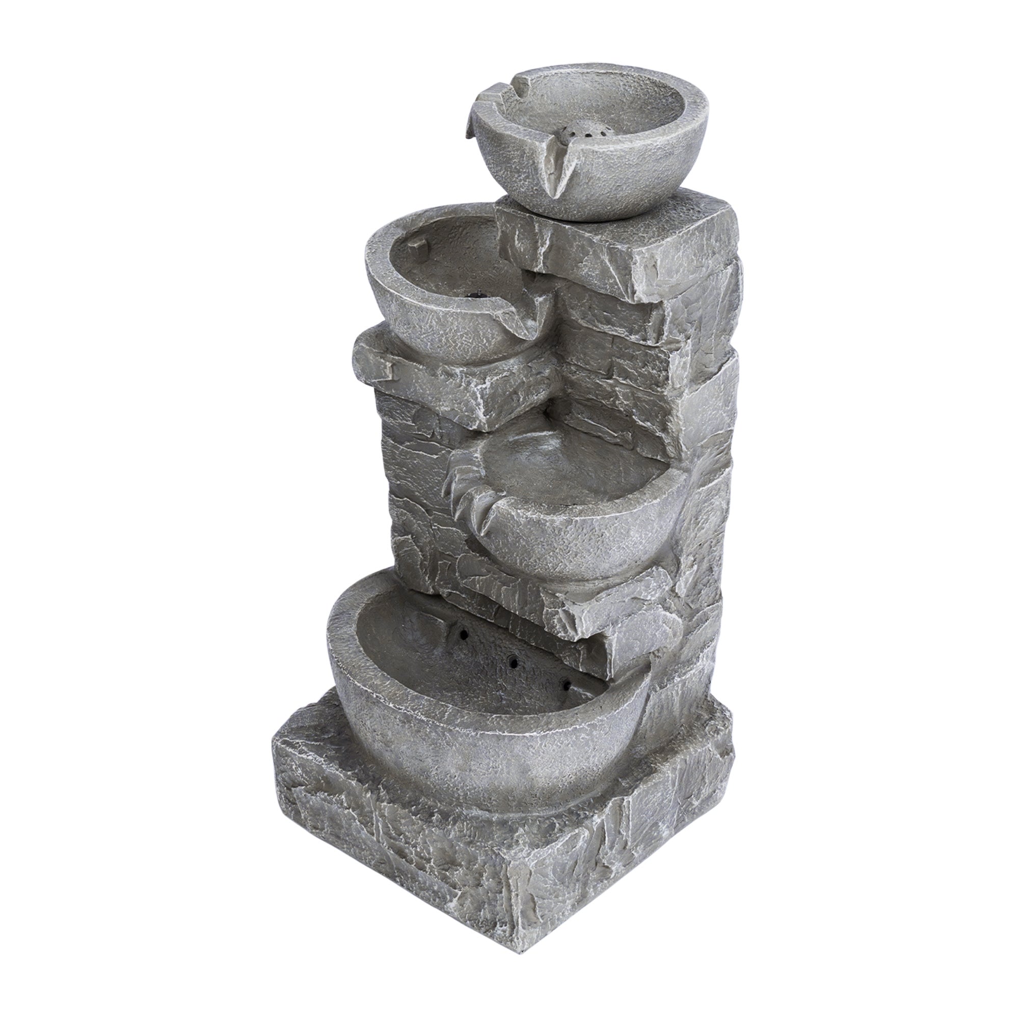 Teamson Home Outdoor Cascading Bowls & Stacked Stone Waterfall Fountain with Built-In LED Lights, Includes Water Pump, Gray