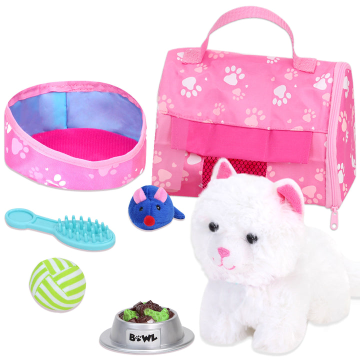 A Sophia's White Plush Kitty Cat and Accessories Set for 18" Dolls.