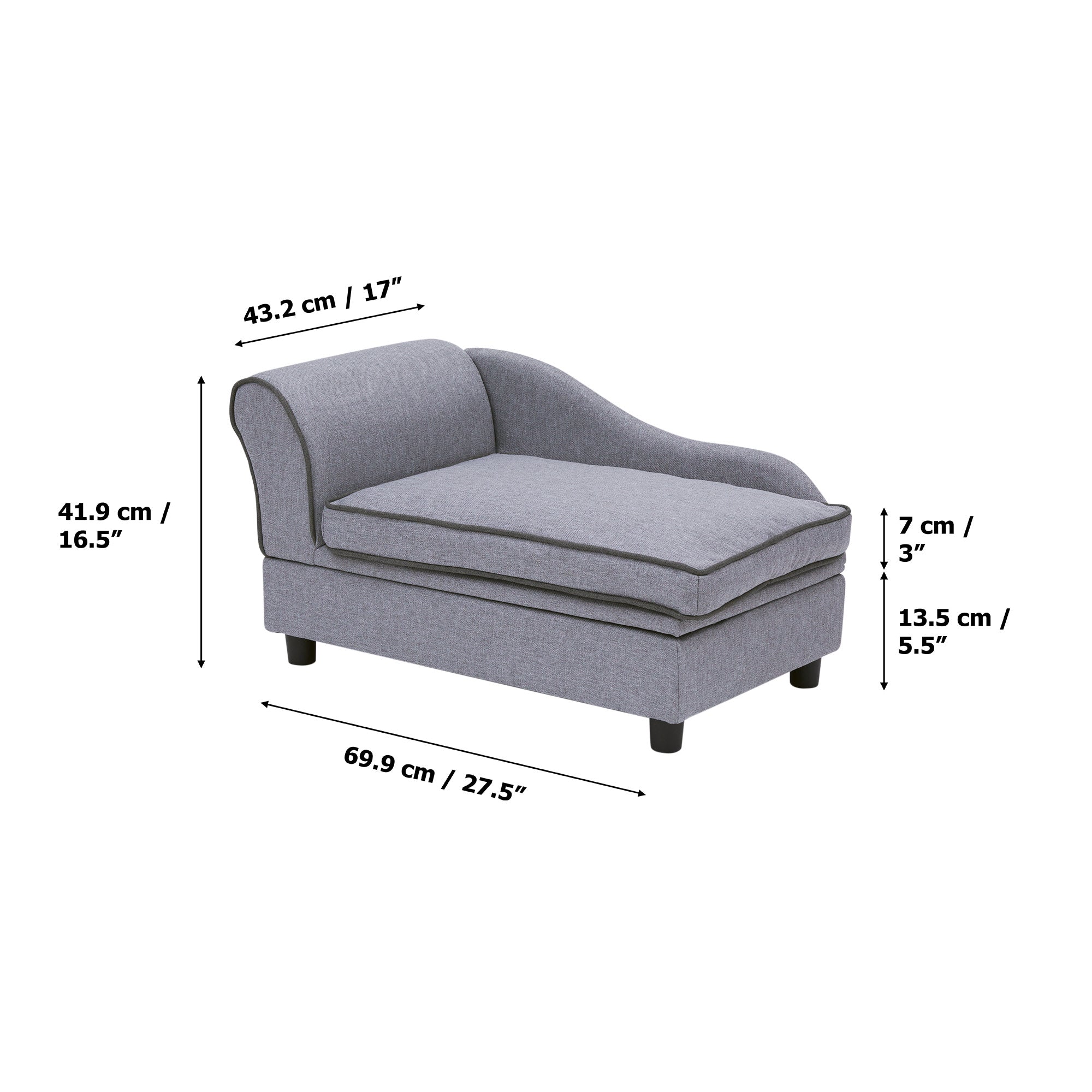 Teamson Pets Ivan Chaise Lounge Dog Bed with Storage for Cats & Small Dogs, Gray