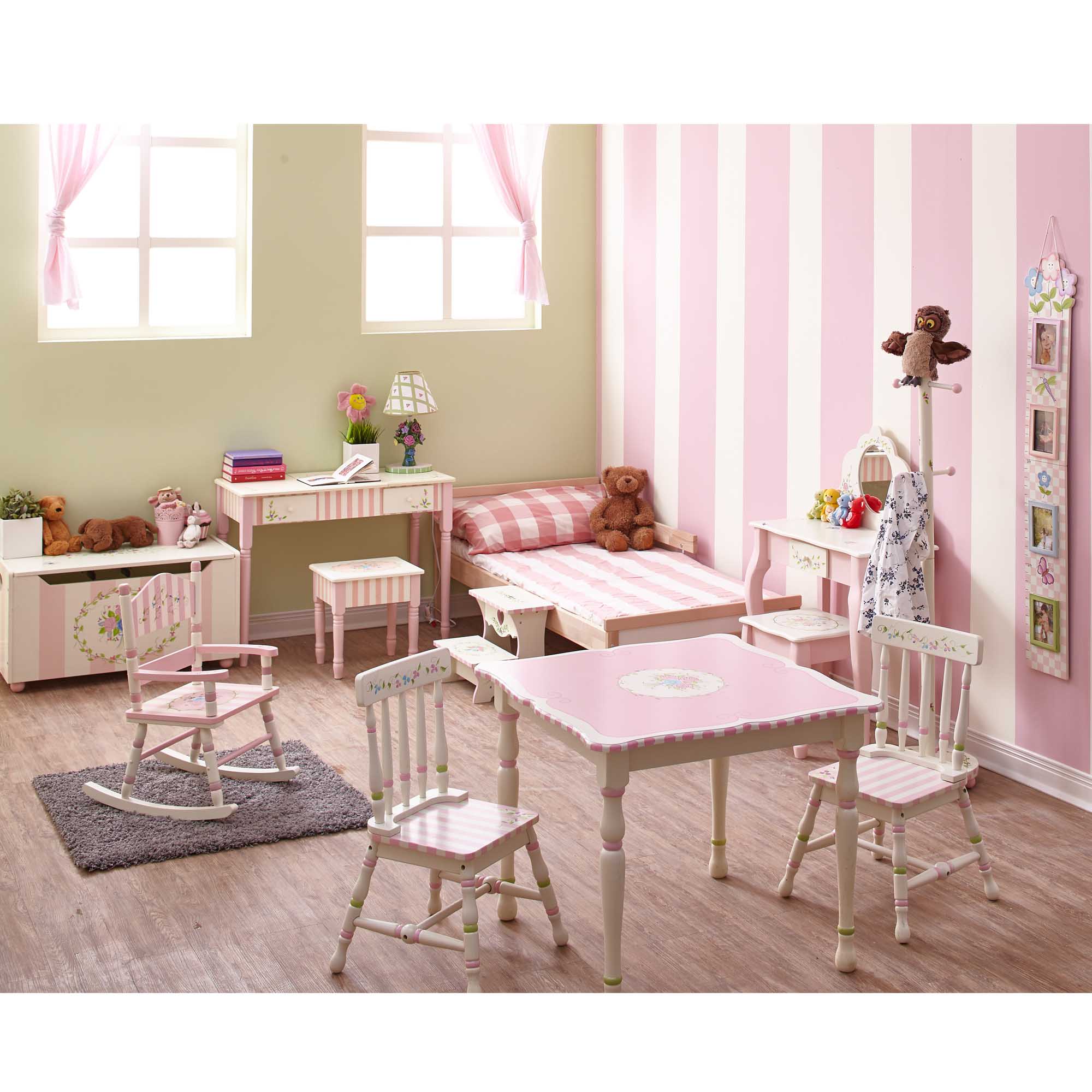 Fantasy Fields Toy Furniture Hand-Carved Adjustable Bouquet Standing Mirror with Painted Flower Details, Pink Stripes, & Kid-Safe Glass, White