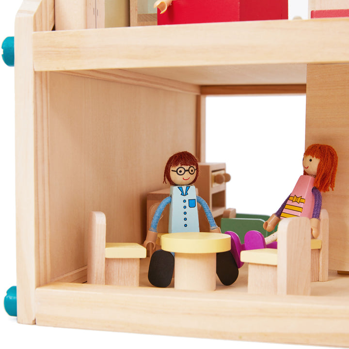Olivia's Little World Buildable Wooden Dollhouse with 3.5" Doll People and Furniture, Tan/Sea Green