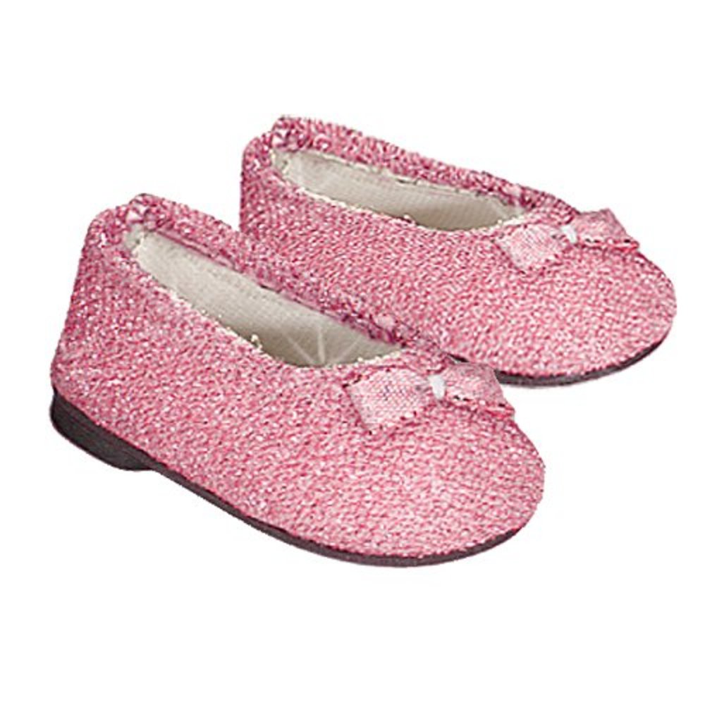 A pair of pink glittery dress shoes for 18" dolls.