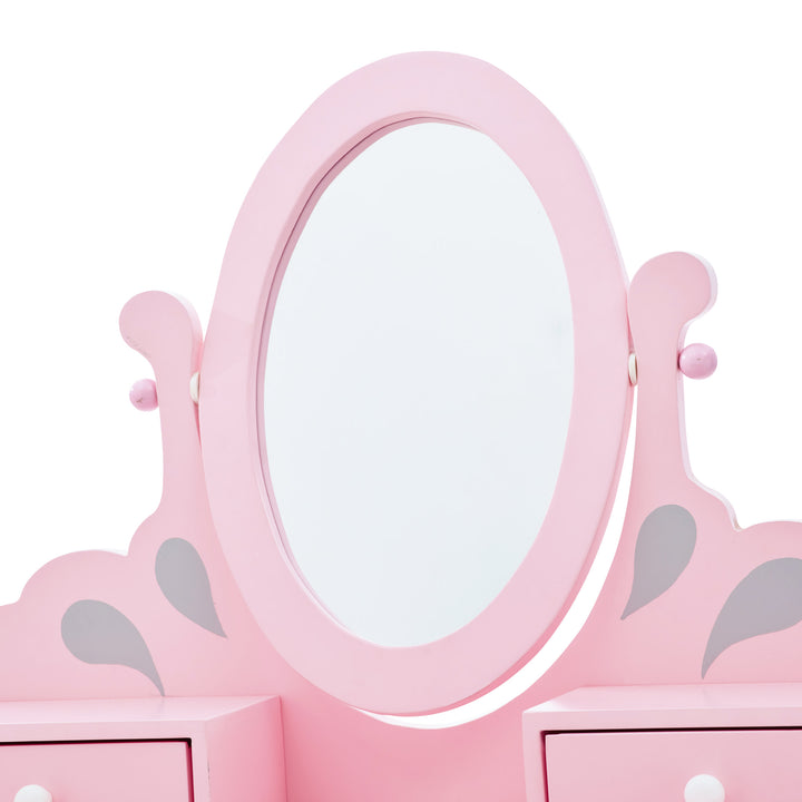 A Teamson Kids Little Princess Rapunzel Vanity Playset, Pink / Gray with mirror and drawers.