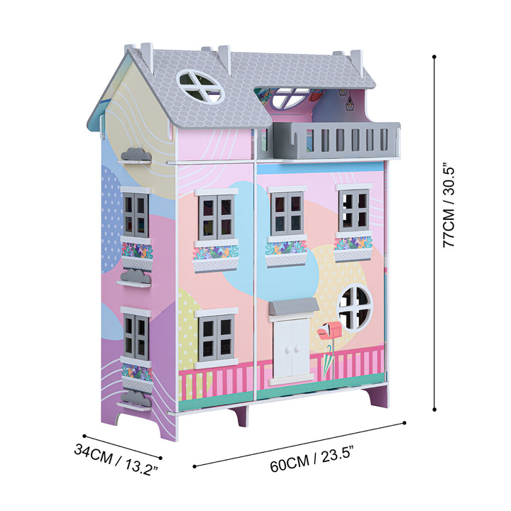 A photo of the pastel dollhouse, closed, with the dimensions in inches and centimeters.