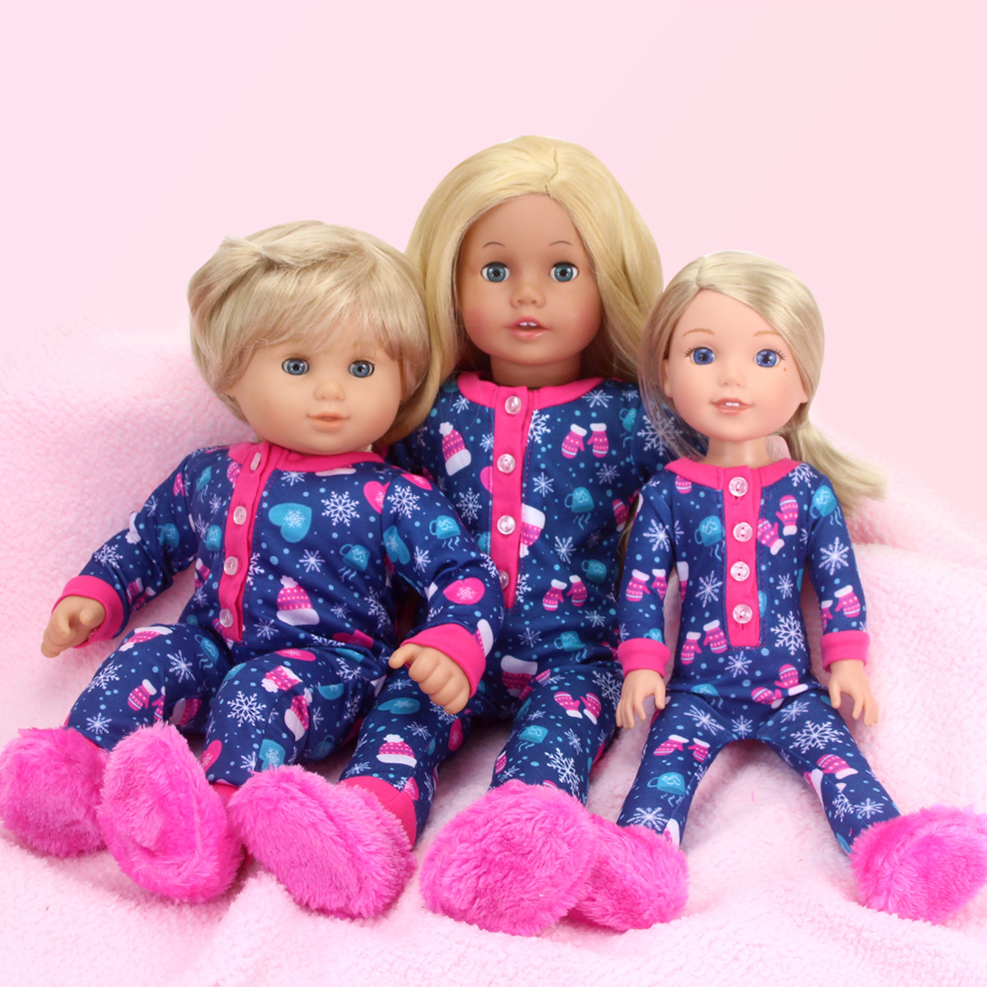 Sophia's One Piece Winter Pajamas and Slippers for 14.5" Dolls, Blue/Hot Pink