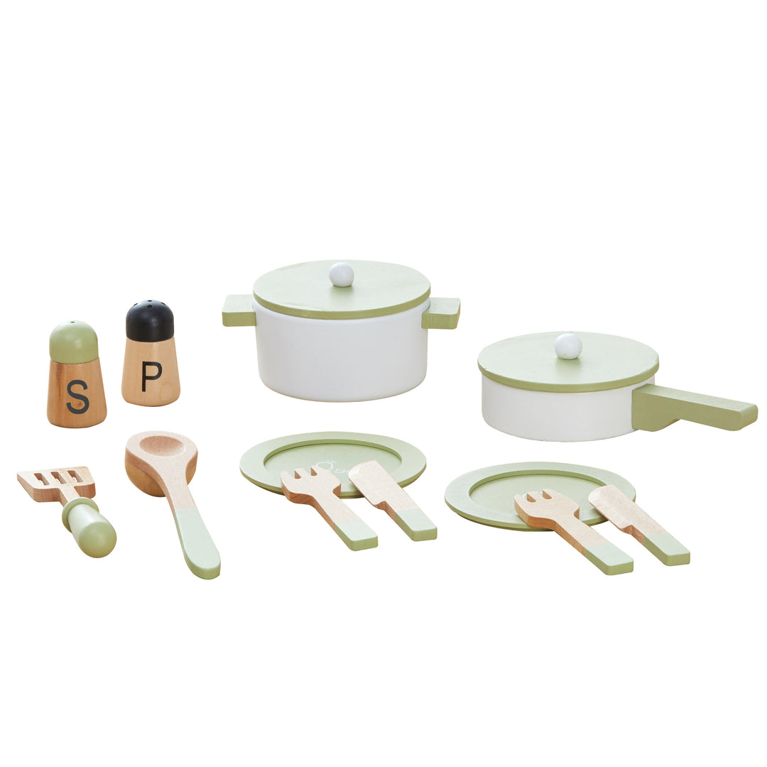 Toy kitchen cookware set including pots, pans, utensils, and salt and pepper shakers in kid-friendly dimensions such as the Teamson Kids Little Chef Frankfurt Wooden Cookware Play Kitchen Accessories, Green.