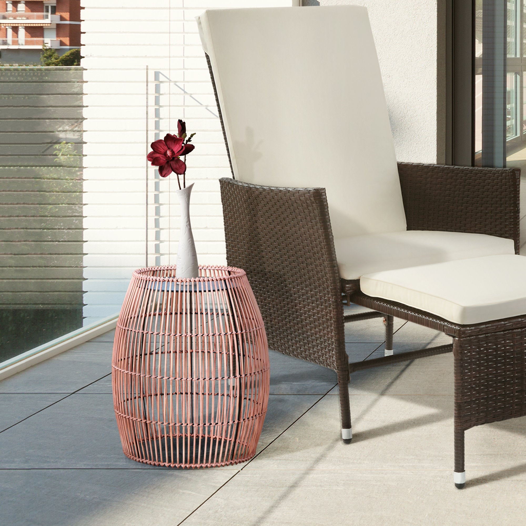 Teamson Home Large Round Outdoor Patio Bamboo Plant Stand with Iron Top, Brown