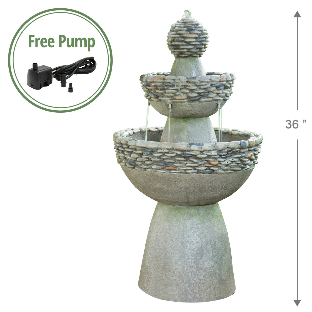 Three-tier Teamson Home Outdoor 3-Tier Pedestal Floor Fountain, Gray with included free pump, measuring 36 inches in height.