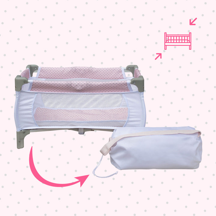 An inforgraphic of the baby doll play pen with stowaway bag, indicating that the play pen can collapse and fit into the stowaway bag.