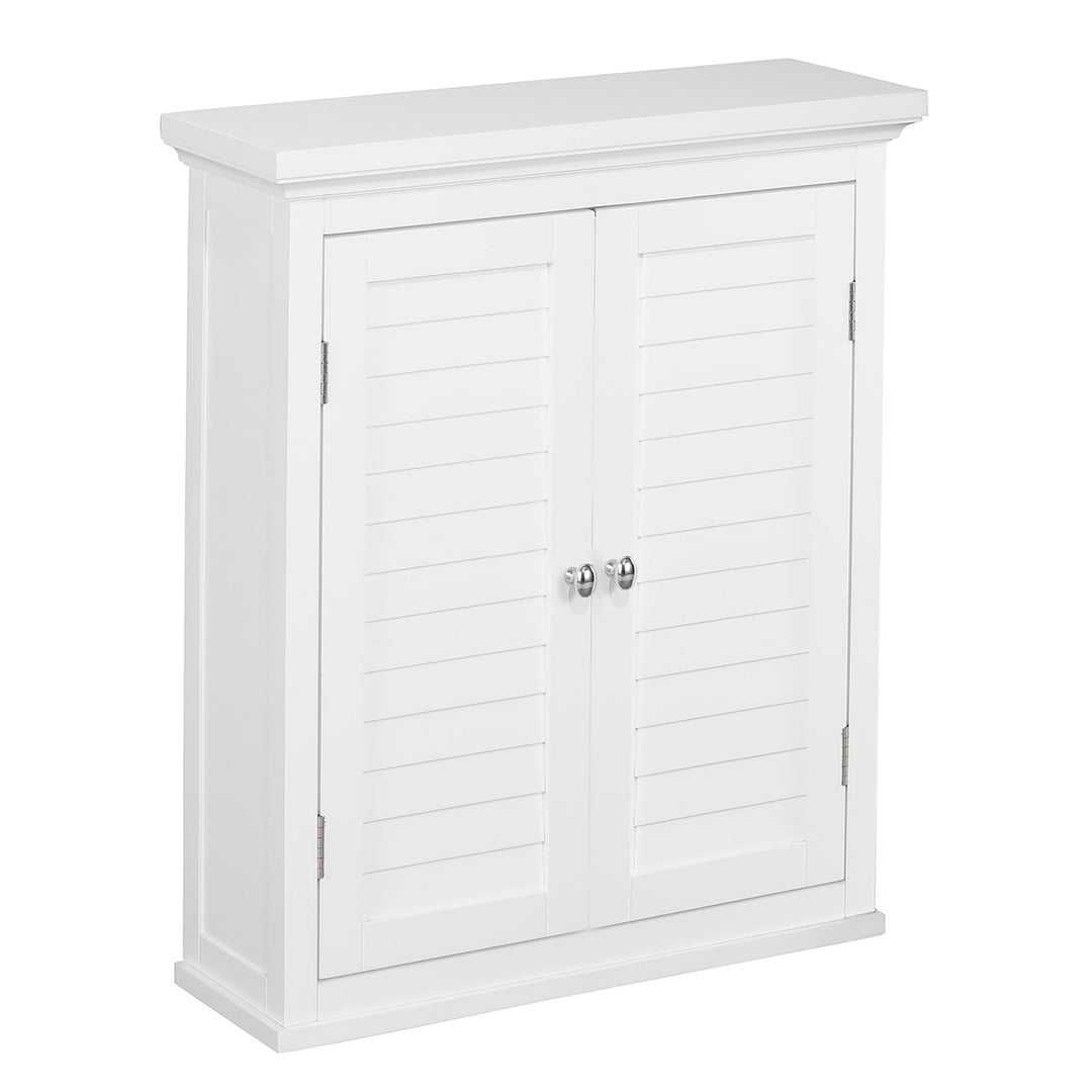 Close-up of a Teamson Home Glancy Wooden Wall Cabinet with Shutter Doors, White with chrome pull handles