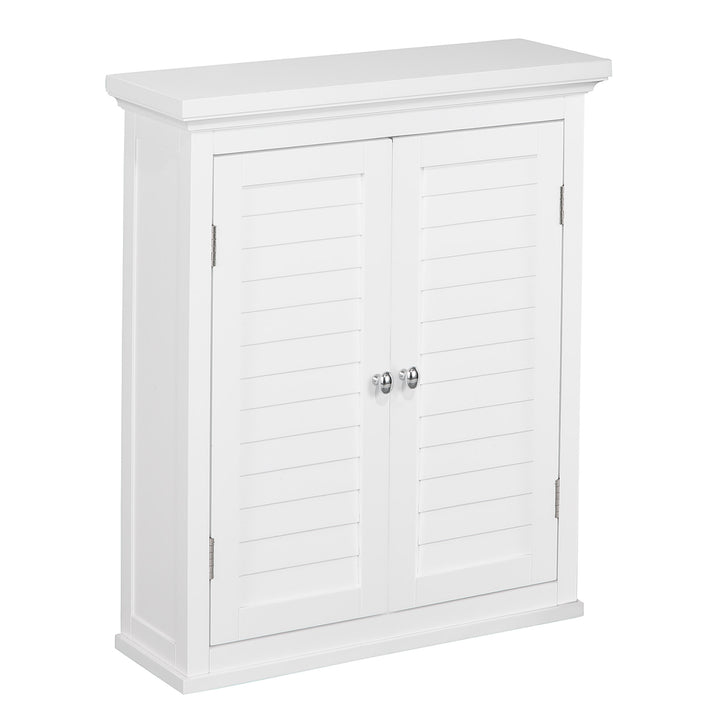 Close-up of a Teamson Home Glancy Wooden Wall Cabinet with Shutter Doors, White with chrome pull handles