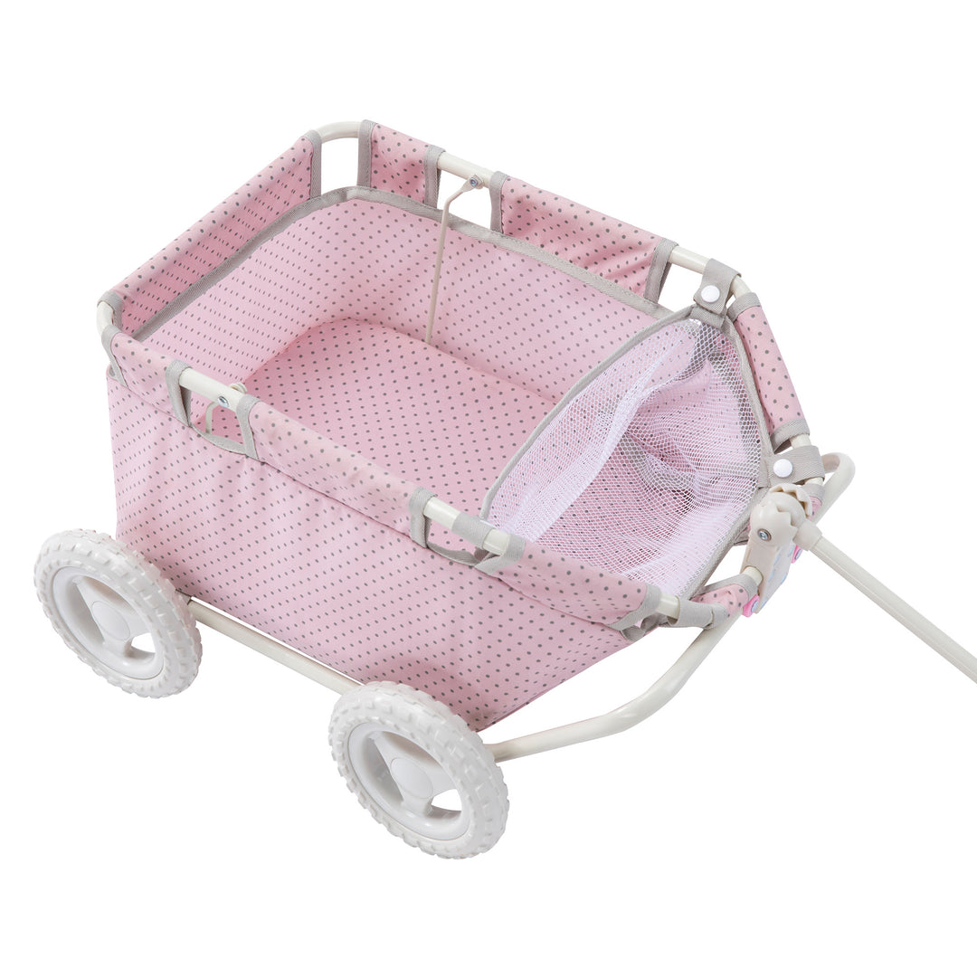 Olivia's Little World Polka Dots Princess Baby Doll Wagon, Pink with a handle and wheels.