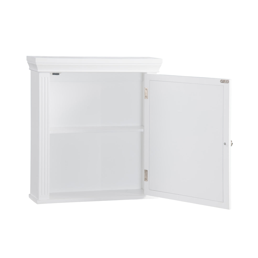 A White Teamson Home Removable Mirrored Medicine Cabinet with Crown Molded Top with the cabinet door open