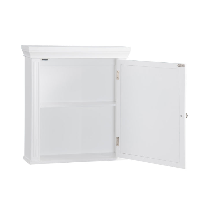 A White Teamson Home Removable Mirrored Medicine Cabinet with Crown Molded Top with the cabinet door open