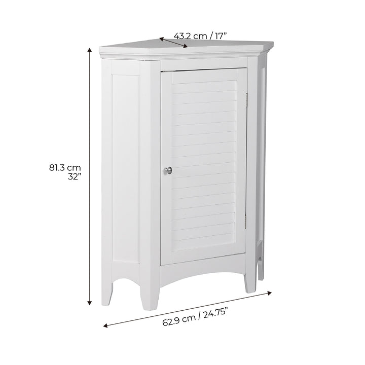 Dimensions in inches and centimeters for a White Glancy Corner Floor Cabinet with Louvered Door, Chrome Knob
