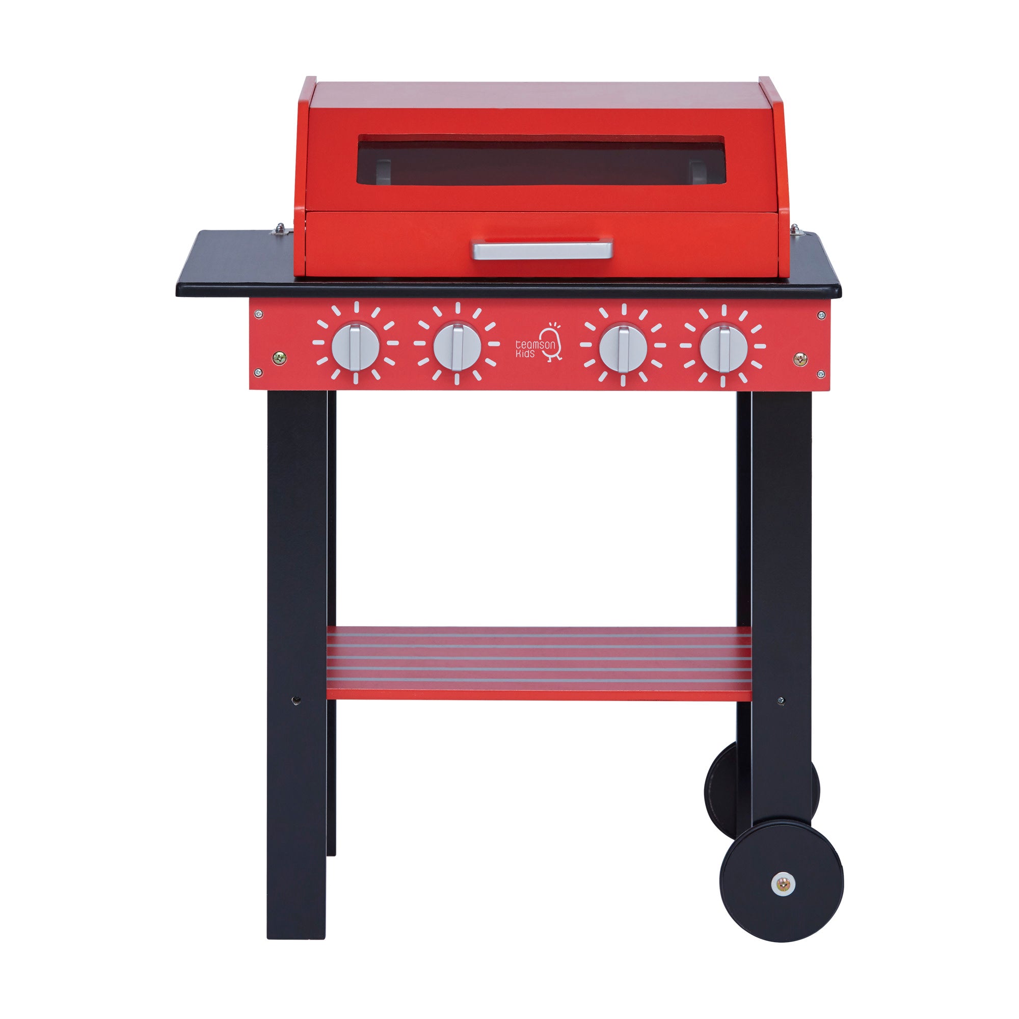Teamson Kids Little Helper Wooden Backyard BBQ Grill Playset with 26 Cooking Accessories, Red/Black