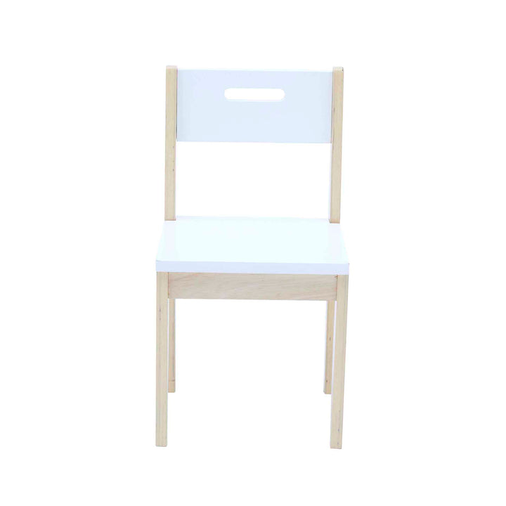 A white and wood child-sized chair.