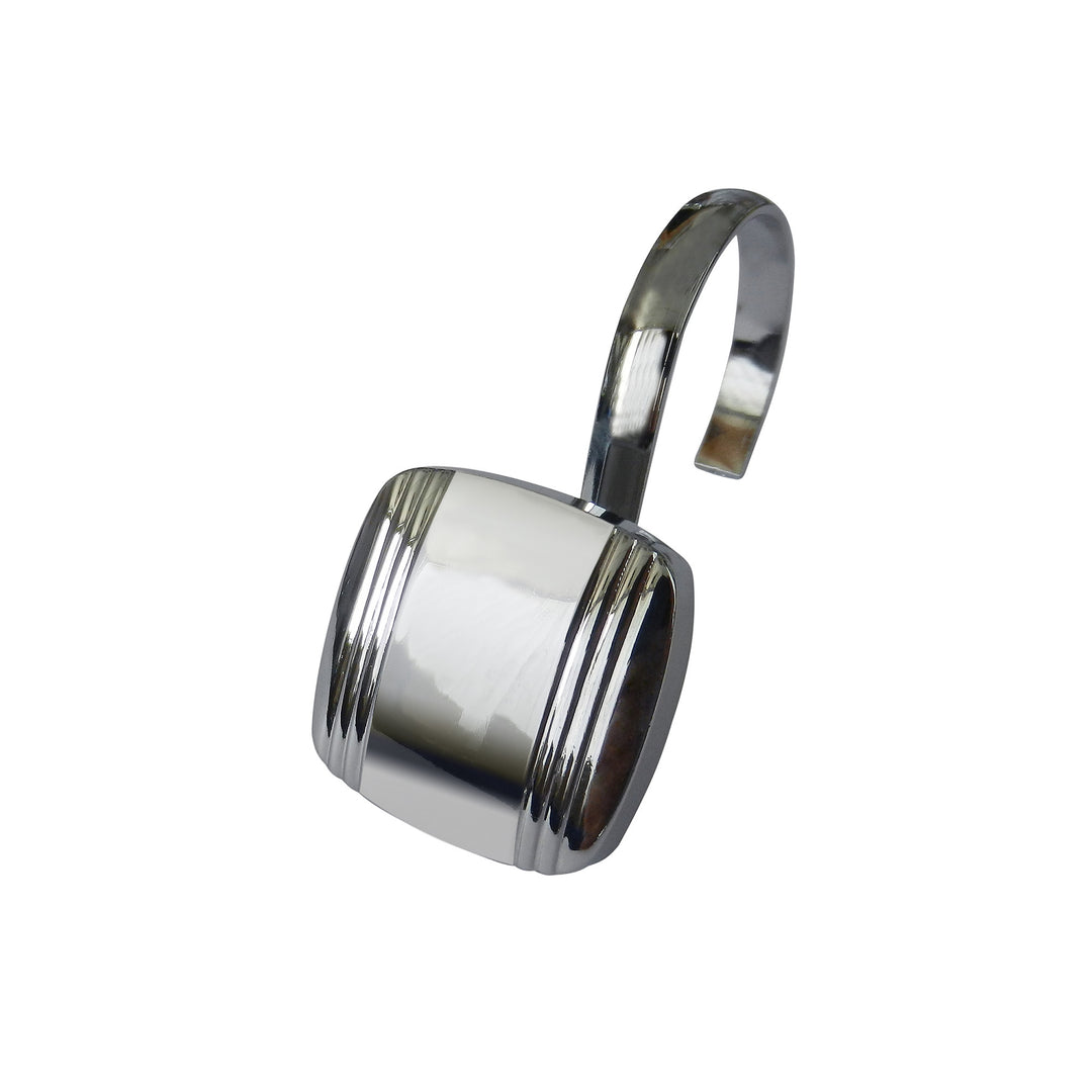 A chrome shower hook with a rounded square decorative element