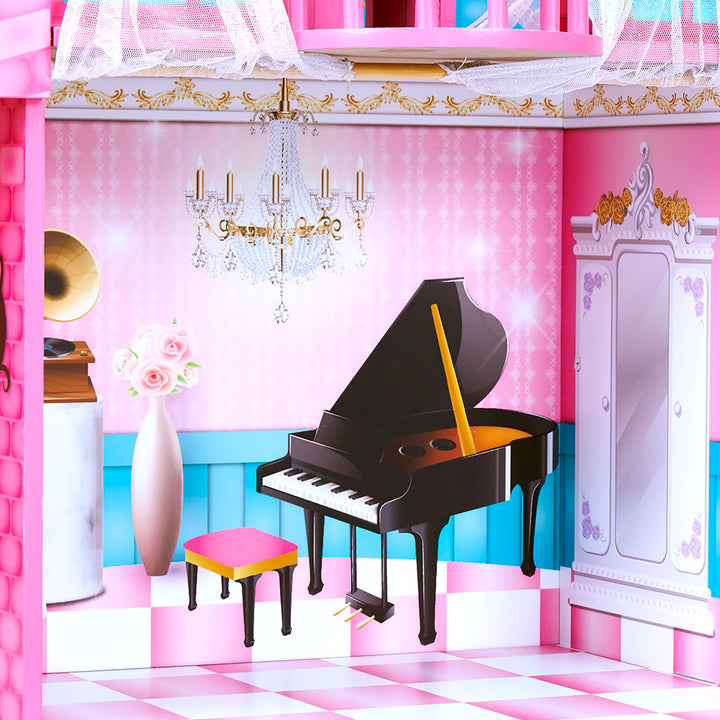 A close up of the piano room with an illustrated chandelier, black piano, tall pink vase with roses, and a victorian record player.