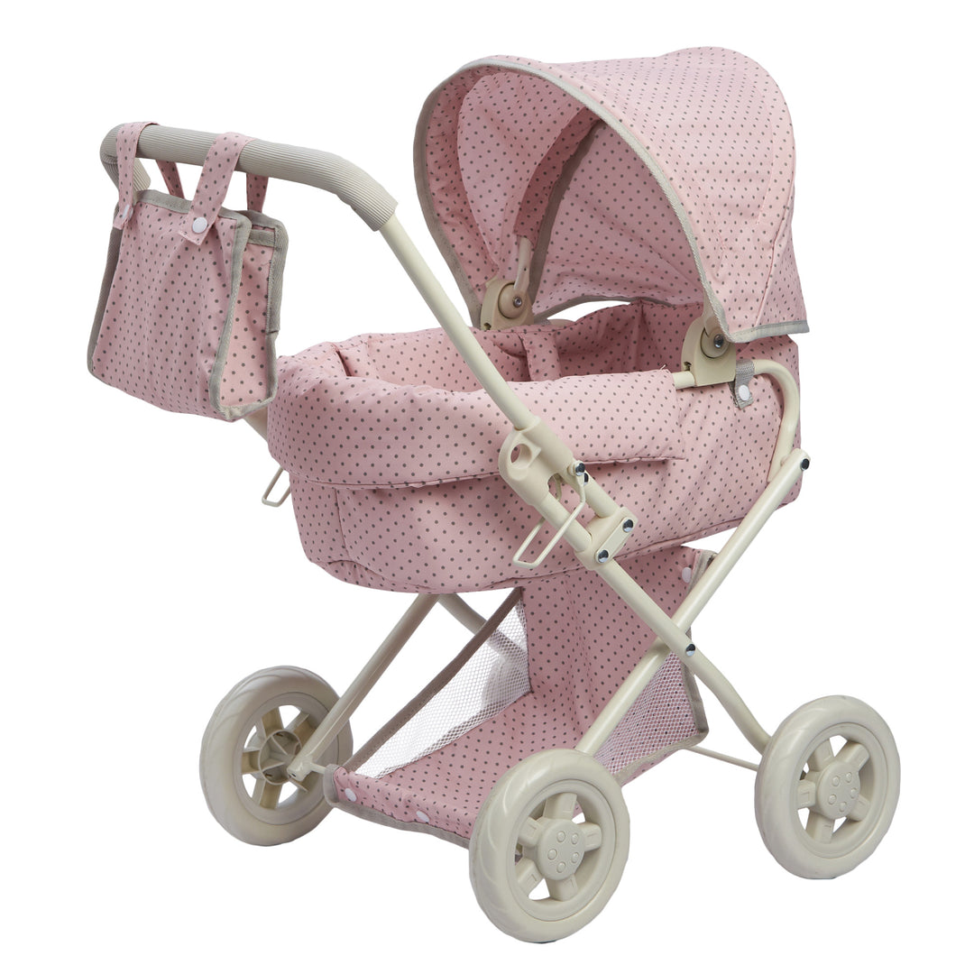 A Olivia's Little World Polka Dots Princess Deluxe Baby Doll Stroller, Pink with polka dots.