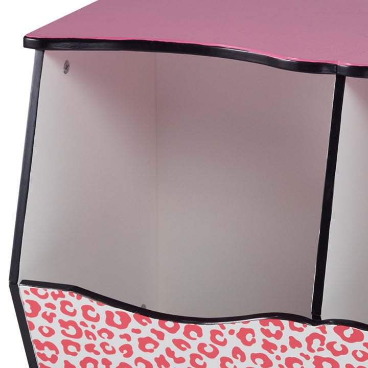 Close-up view inside a cubbie area featuring the white interior, black trim, pink and pink leopard print.