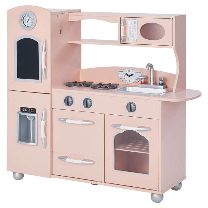 Teamson Kids Little Chef Westchester Retro Play Kitchen in pastel pink with interactive features, including a stove, oven, microwave, sink, and toy telephone.