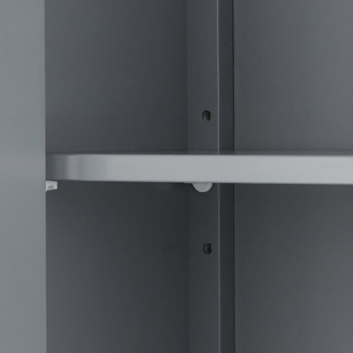 Close-up of the interior adjustable shelf in the Gray Mercer Removable Mirrored Medicine Cabinet