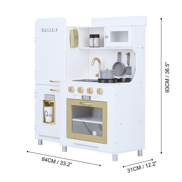 Children's Teamson Kids Little Chef Mayfair Classic Kids Kitchen Playset with 11 Accessories, White/Gold with measurements indicated in centimeters and inches..
