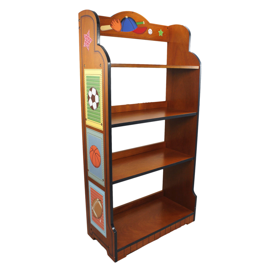 A Fantasy Fields Little Sports Fan Kids Furniture Tall Bookshelf, Brown with a variety of balls illustrated on it..