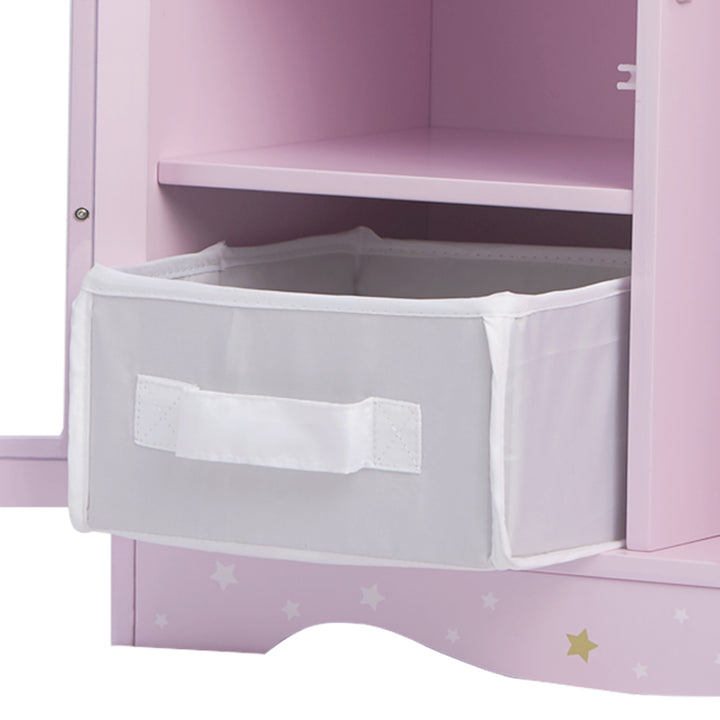 Close-up of a canvas bin that fits on the shelves in the double closet in purple with white and gold stars.