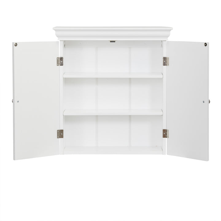 Teamson Home White Stratford Removable Wall Cabinet with both doors open to reveal two interior shelves