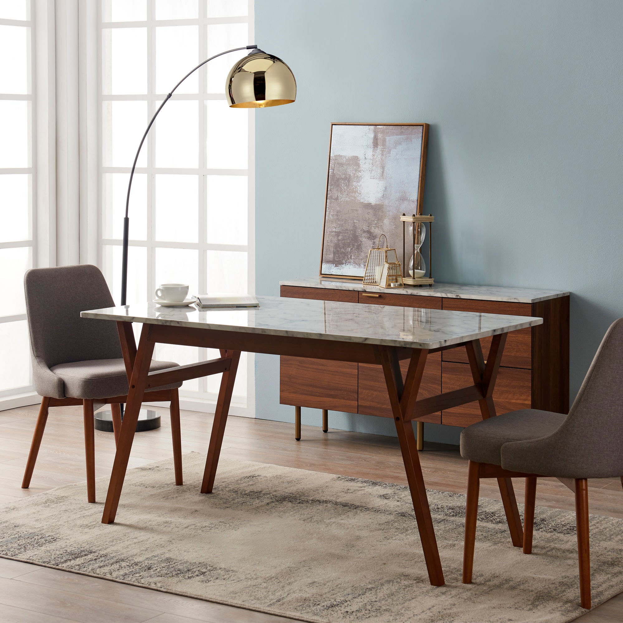 Teamson Home Ashton Rectangular Marble-Look Dining Table with Wood Base, Marble/Walnut