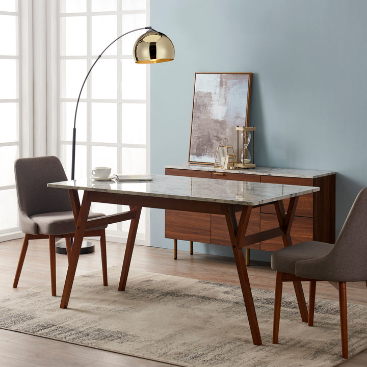 Teamson Home Ashton Dining Table with Natural Wood Base and Faux Marble Tabletop with gray mid-century modern chairs at either ends