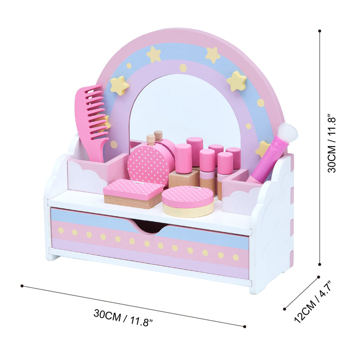 Dimensions in inches and centimeters for a child's tabletop vanity with a storage drawer and rainbow mirror.