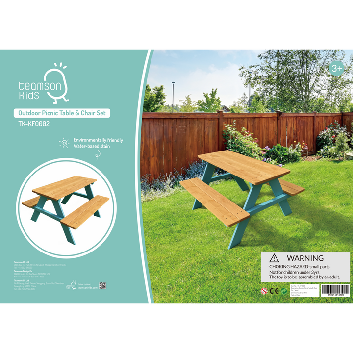 Packaging box for the Teamson Kids Child Sized Wooden Outdoor Picnic Table, Warm Honey/Aqua