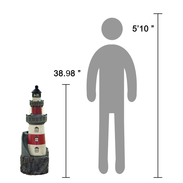 A comparison of the height of the lighthouse fountain to an average person in inches