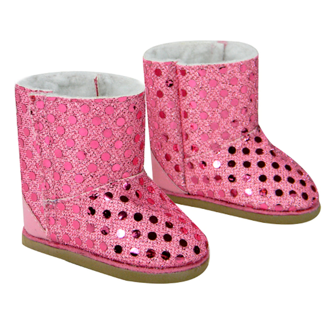 Sophia’s Sparkly Sequin Ewe Boots with White Fleece Lining for 18” Dolls, Pink