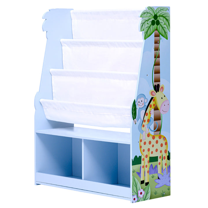 A Fantasy Fields Kids Sunny Safari Wooden Display Bookshelf, Multicolor with giraffes, palm trees, and jungle creatures.