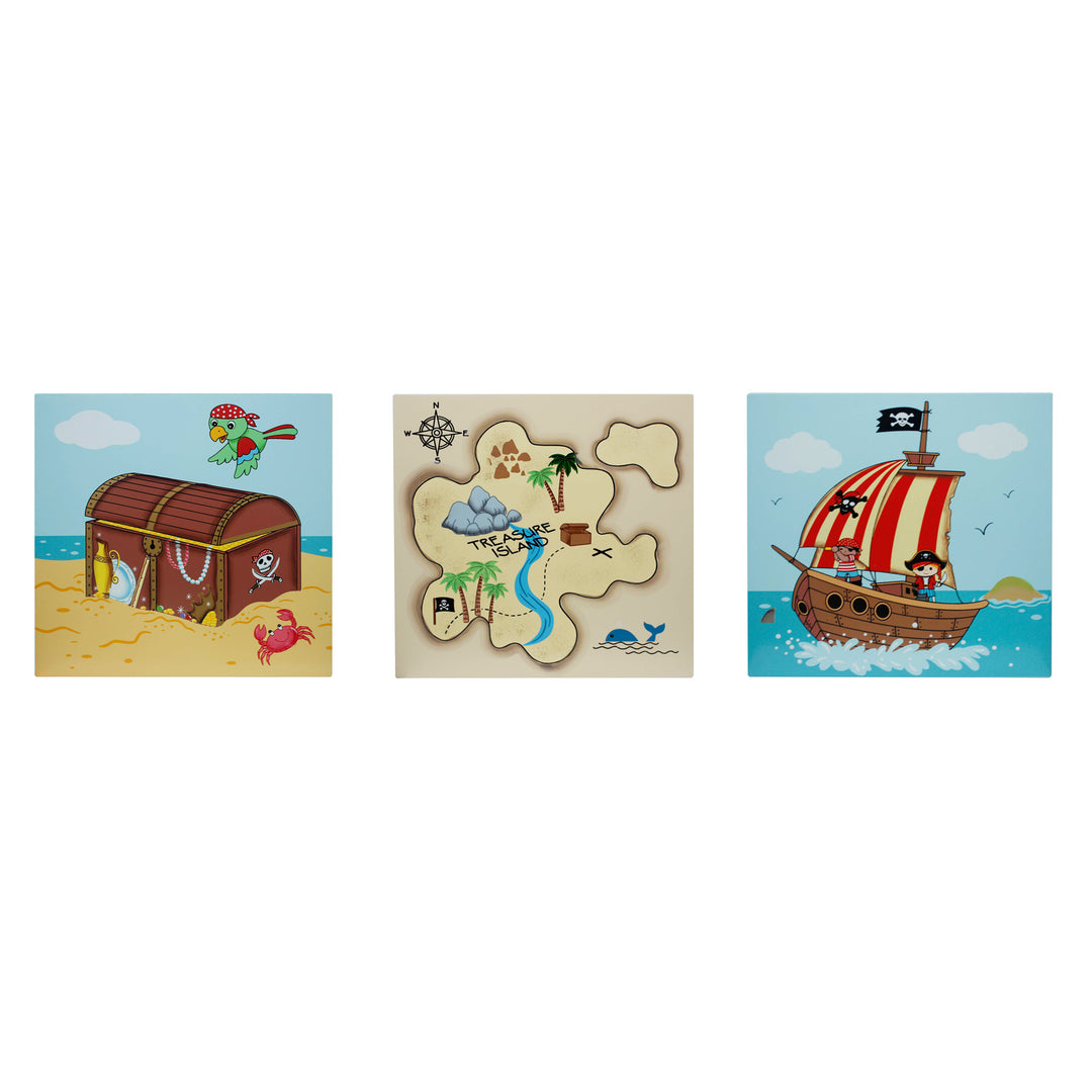 A photo of three illustrated wall hangings with a pirate theme for a child's room: a treasure chest and green parrot, a treasure map, and a ship with two little pirates.
