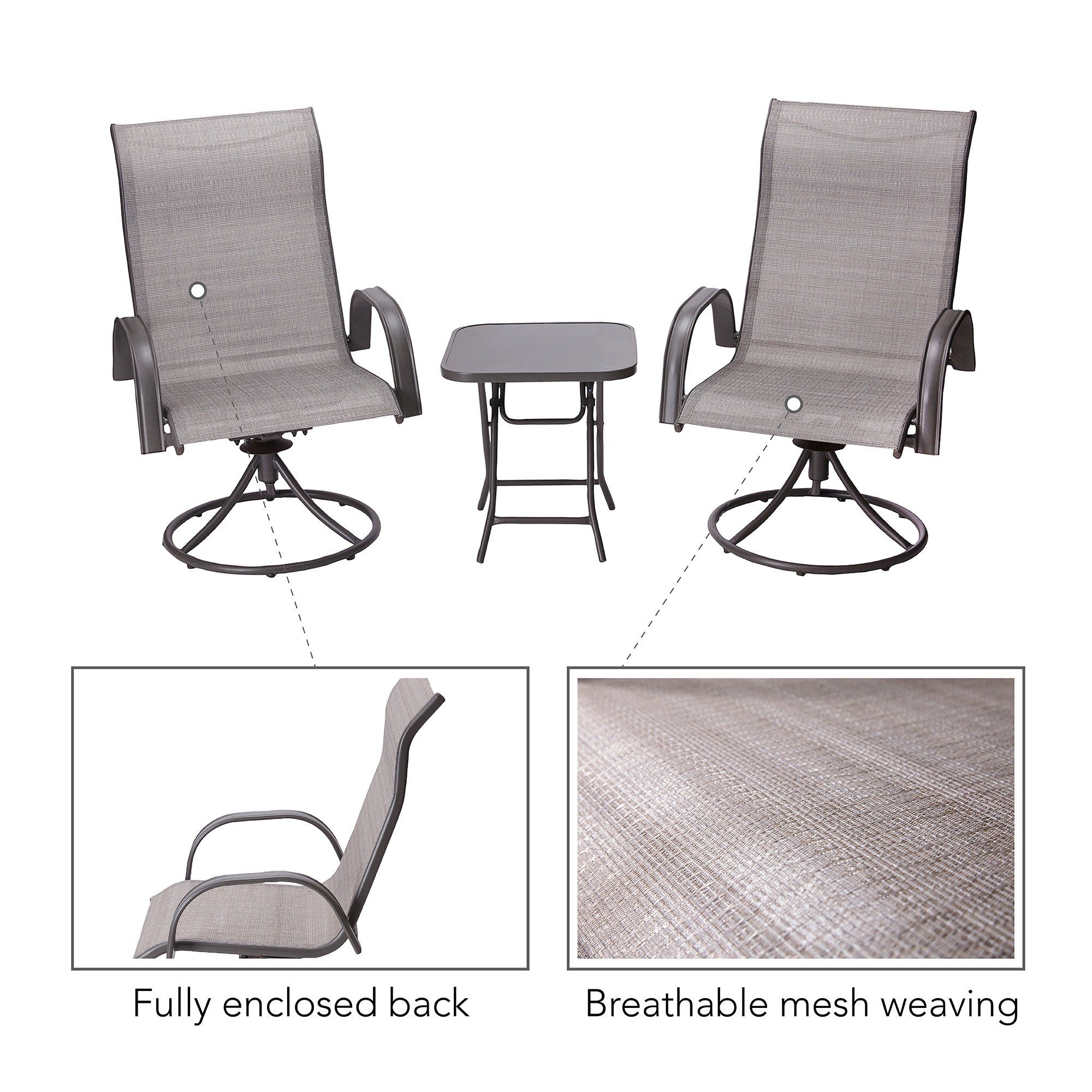 Teamson Home Indoor/Outdoor Steel Swivel 3 Piece Bistro Table and Chairs Set, Tan