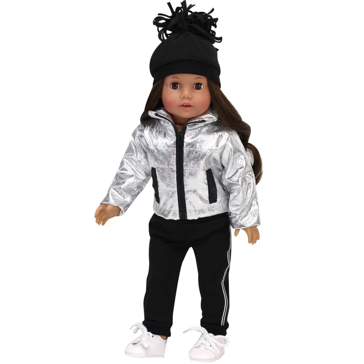 Sophia’s Complete Four-Piece Metallic Zip-Up Jacket, Black Side Stripe Joggers, Sneakers, & Pom Pom Hat for 18” Dolls, Silver/Black