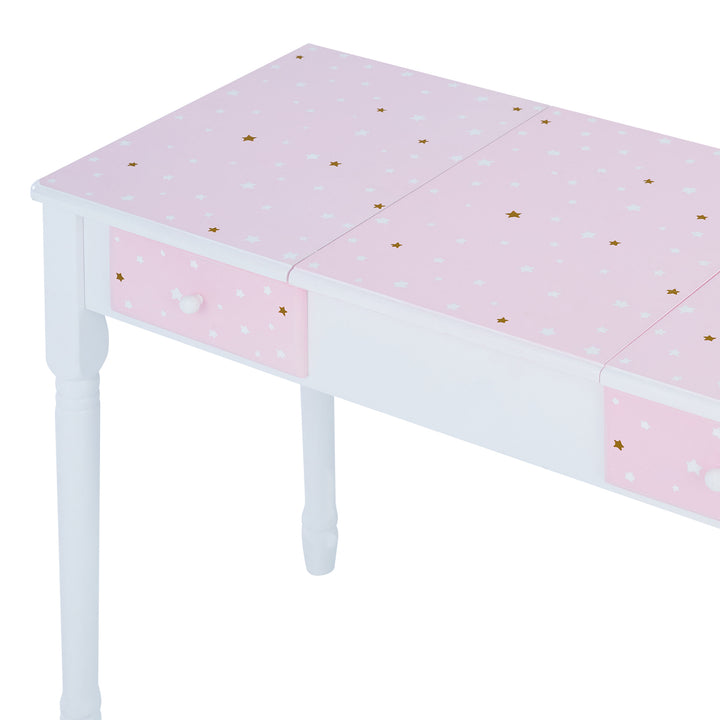 A Fantasy Fields Kids Kate Twinkle Star Vanity Set with Foldable Mirror and Chair in pink and gold.