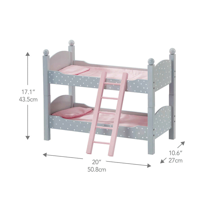 A gray with white polka dots bunk bed with pink bedding, pink ladder, and dimensions in inches and centimeters.