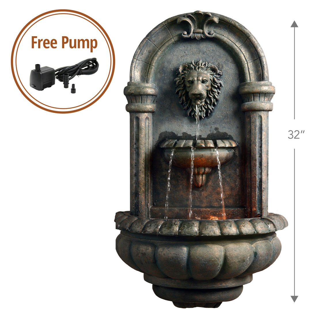  Teamson Home Outdoor Tiered Lion Head Wall Water Fountain with a callout about the pump that is included