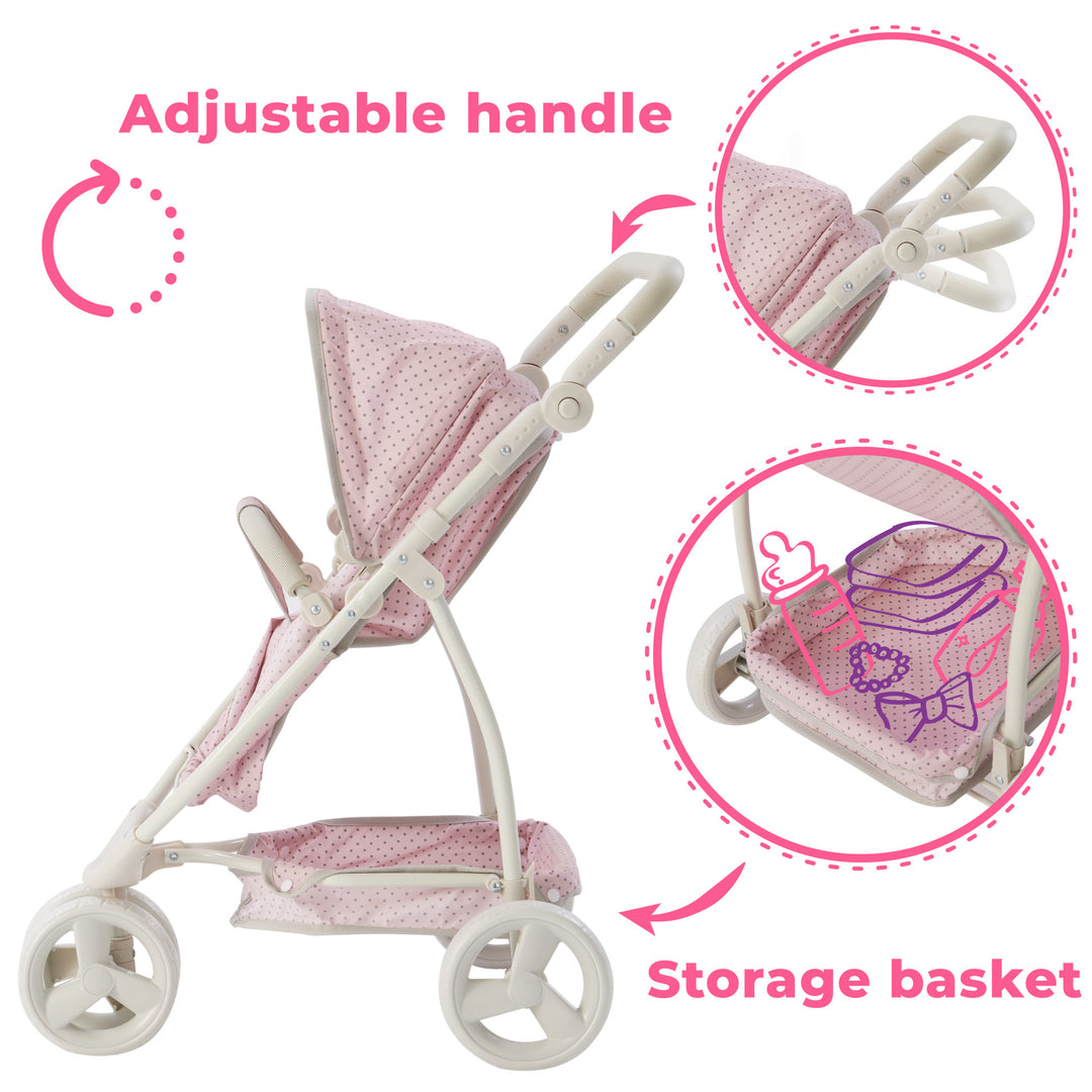 A pink, Olivia's Little World Polka Dots Princess 2-in-1 Baby Doll stroller with an adjustable handle and a storage basket.